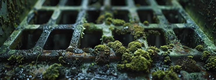 Close-up of green and brown mold growth on a metal HVAC vent grille, showing clusters of mold spreading across the damp, rusted surface.