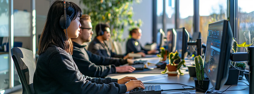 IT professionals working in a modern office, focused on computer screens while providing tech support, symbolizing managed IT services and efficient IT infrastructure management.