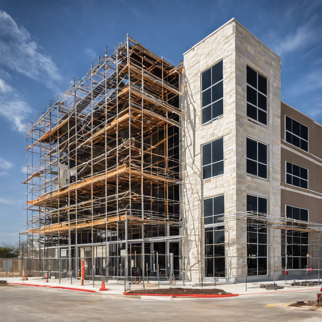 Construction workers renovating a modern commercial building in Round Rock, TX, showcasing best practices in commercial property renovation.