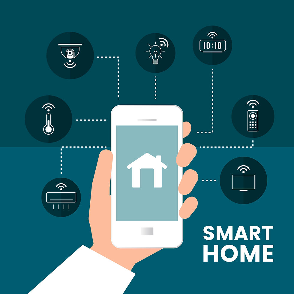 Infographic illustrating a smart home controlled by a smartphone, showcasing various connected devices and their functionalities in a modern living space.