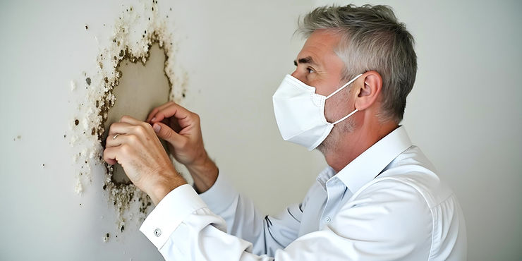 Professional mold inspector wearing a mask examining mold growth on a wall during a mold inspection and testing process.