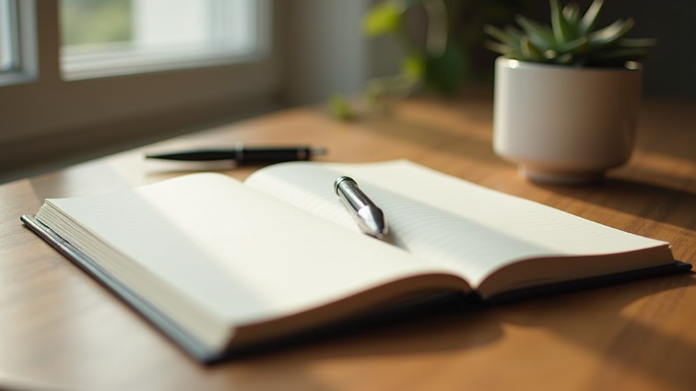 Close-up view of a journal and pen on a wooden table with soft natural light