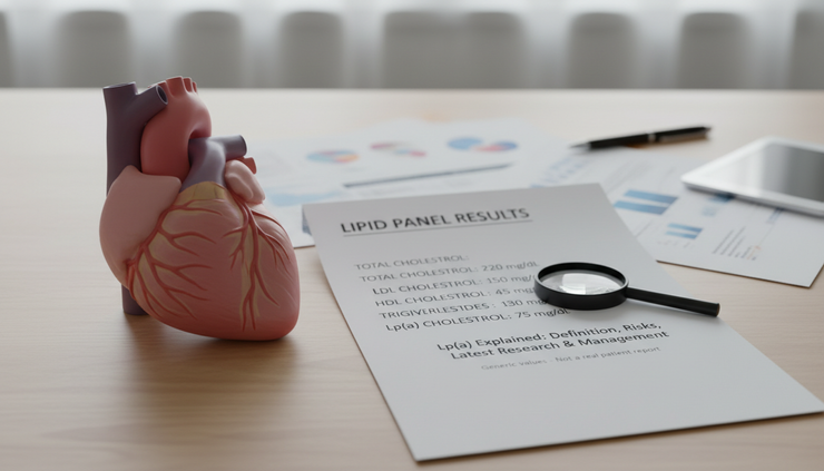 Eye-level view of a simple anatomical heart model beside a cholesterol test report