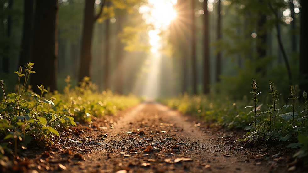 Eye-level view of a quiet forest path with soft sunlight filtering through trees