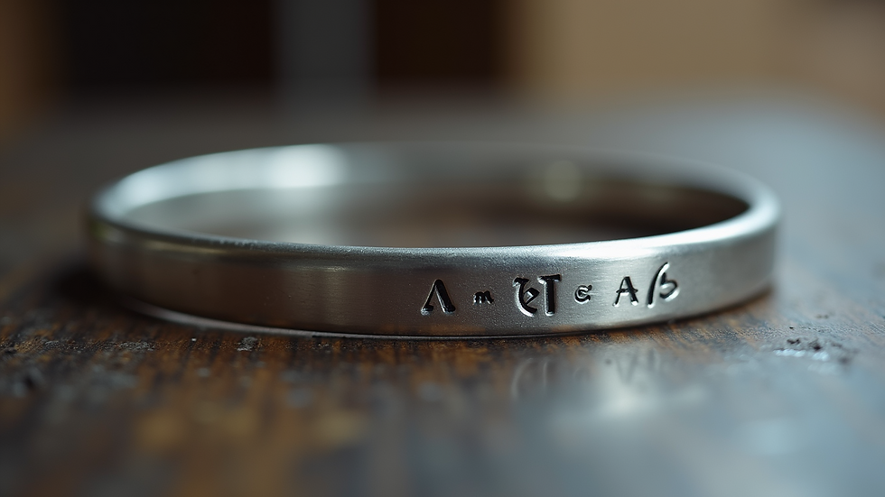 Close-up view of a hand-stamped silver bracelet with initials