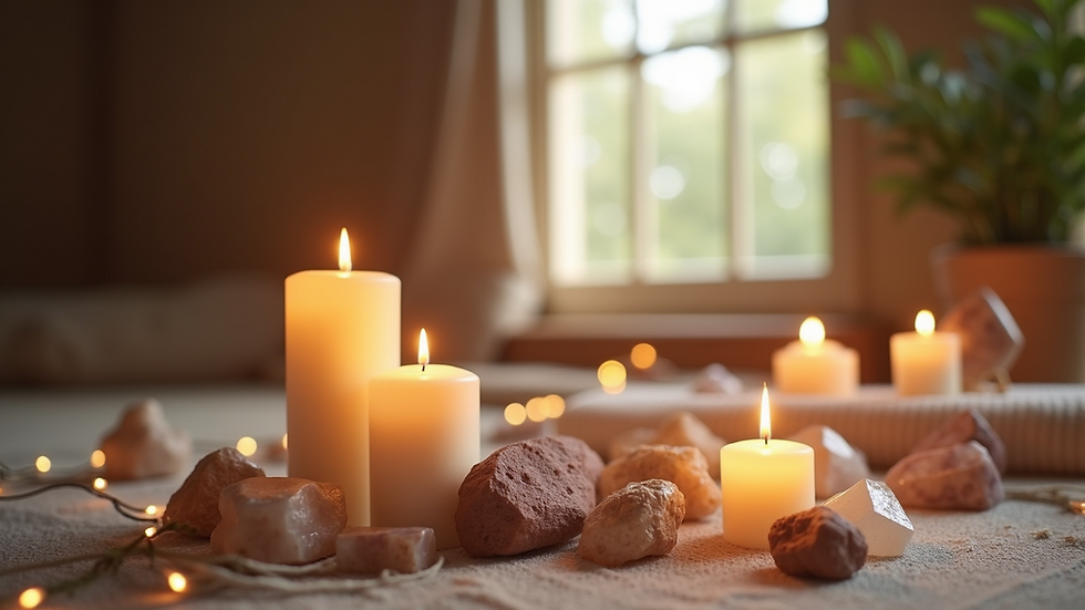 Eye-level view of a serene meditation space with candles and crystals