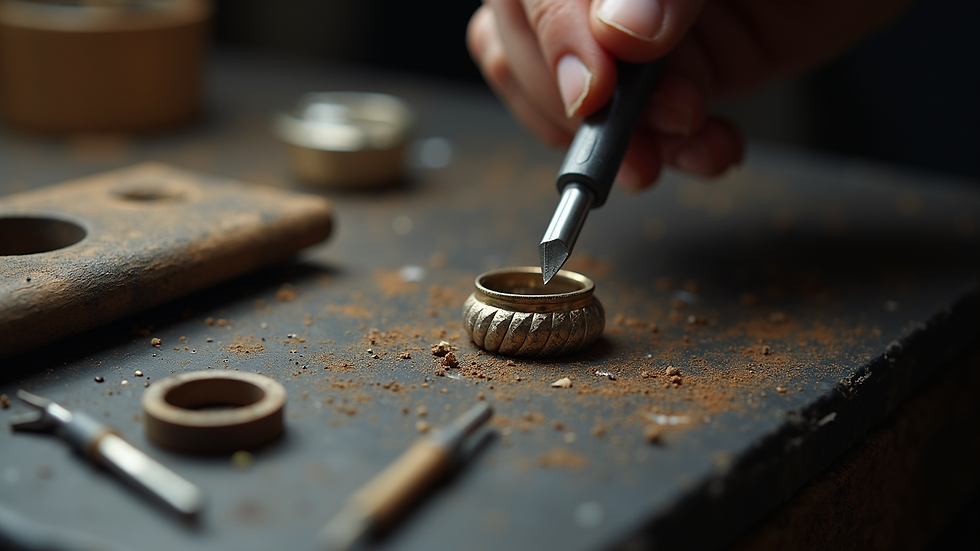 Close-up view of a jeweler’s workbench with tools and a partially finished ring