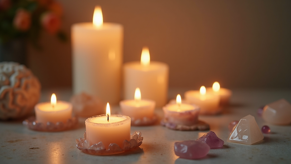 Eye-level view of a peaceful meditation space with candles and crystals