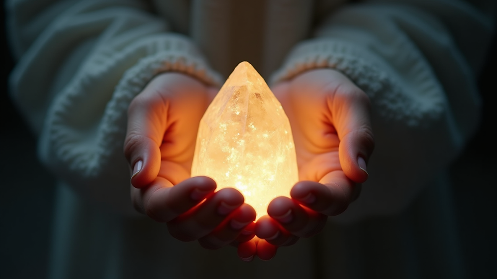 Close-up view of hands holding a glowing crystal with soft light
