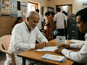 An elderly Indian man signing a body donation form at a medical assistance cell.