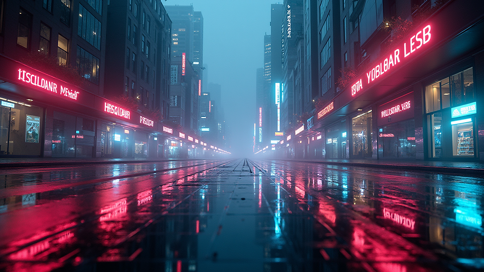 Eye-level view of a futuristic cityscape with neon lights