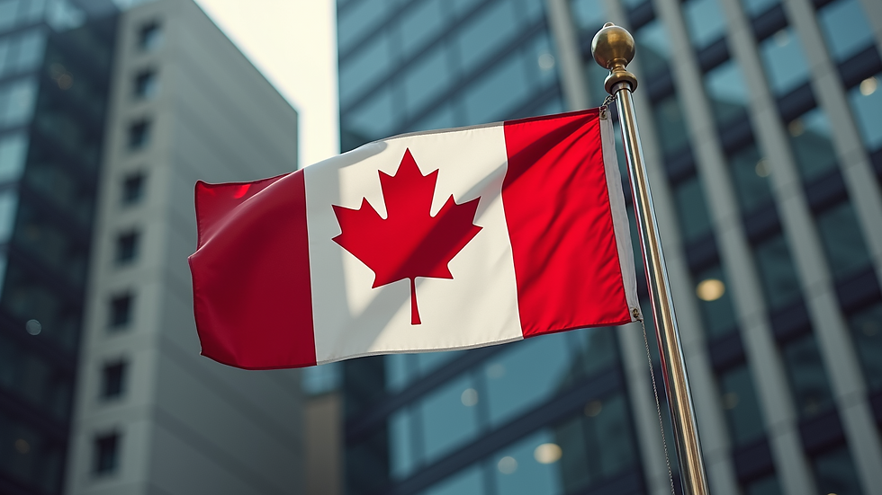 High angle view of a Canadian flag waving outside an immigration office