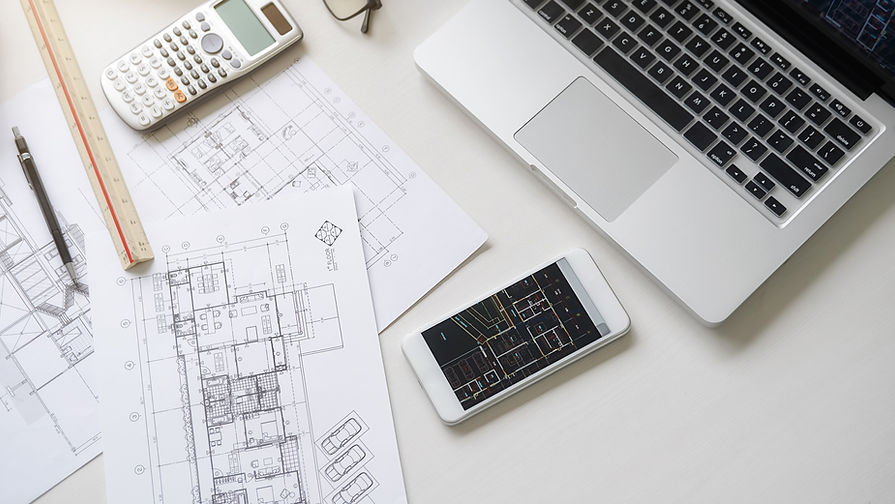 Engineering or Architect tools, blueprint and building model on table in office Constructi