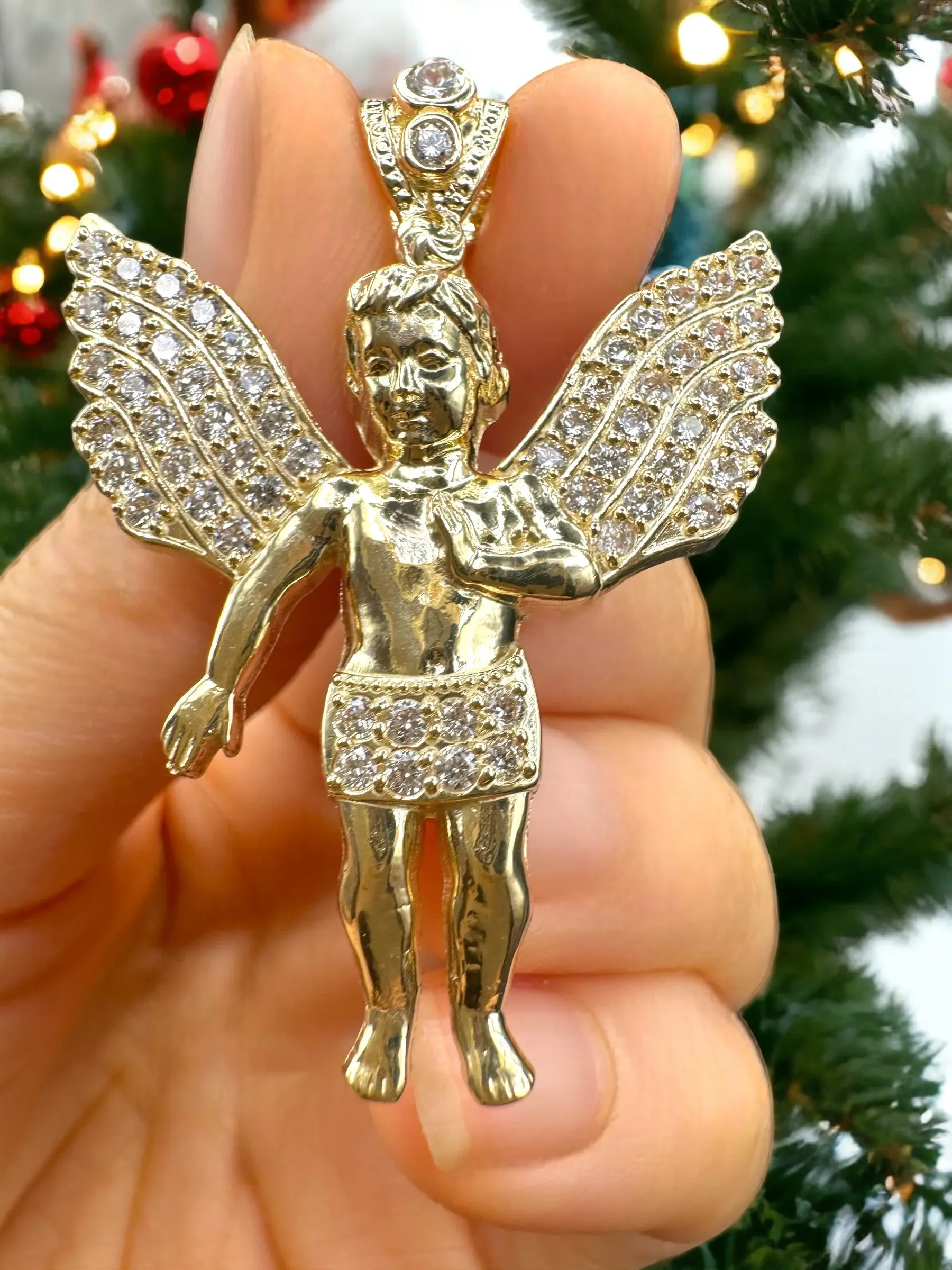 14K Solid Gold - Baby Angel Pendant - CZ Stone Diamond Charm -Real Yellow Gold