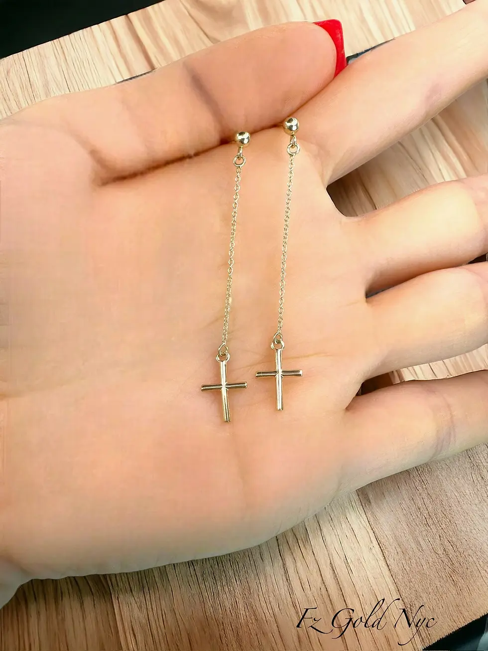 Thumbnail: 10K Real Yellow Gold- Cross Dangle Earrings- Long Chain and Shiny Stone Earrings