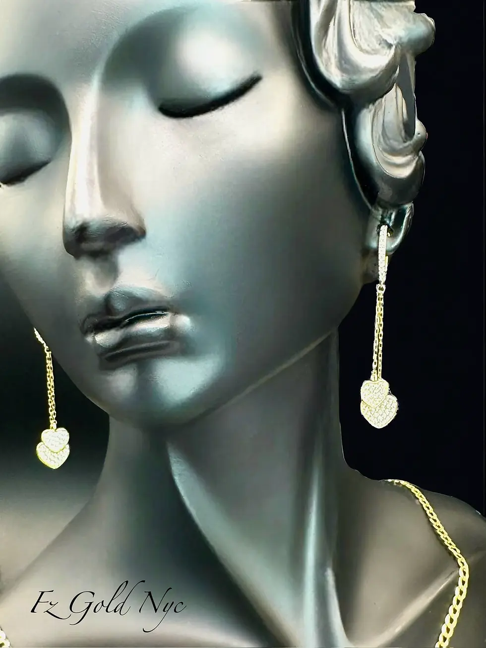 Thumbnail: 10K Real Yellow Gold- Heart Dangle - Drop Earrings - Long Chain and Shiny Stone