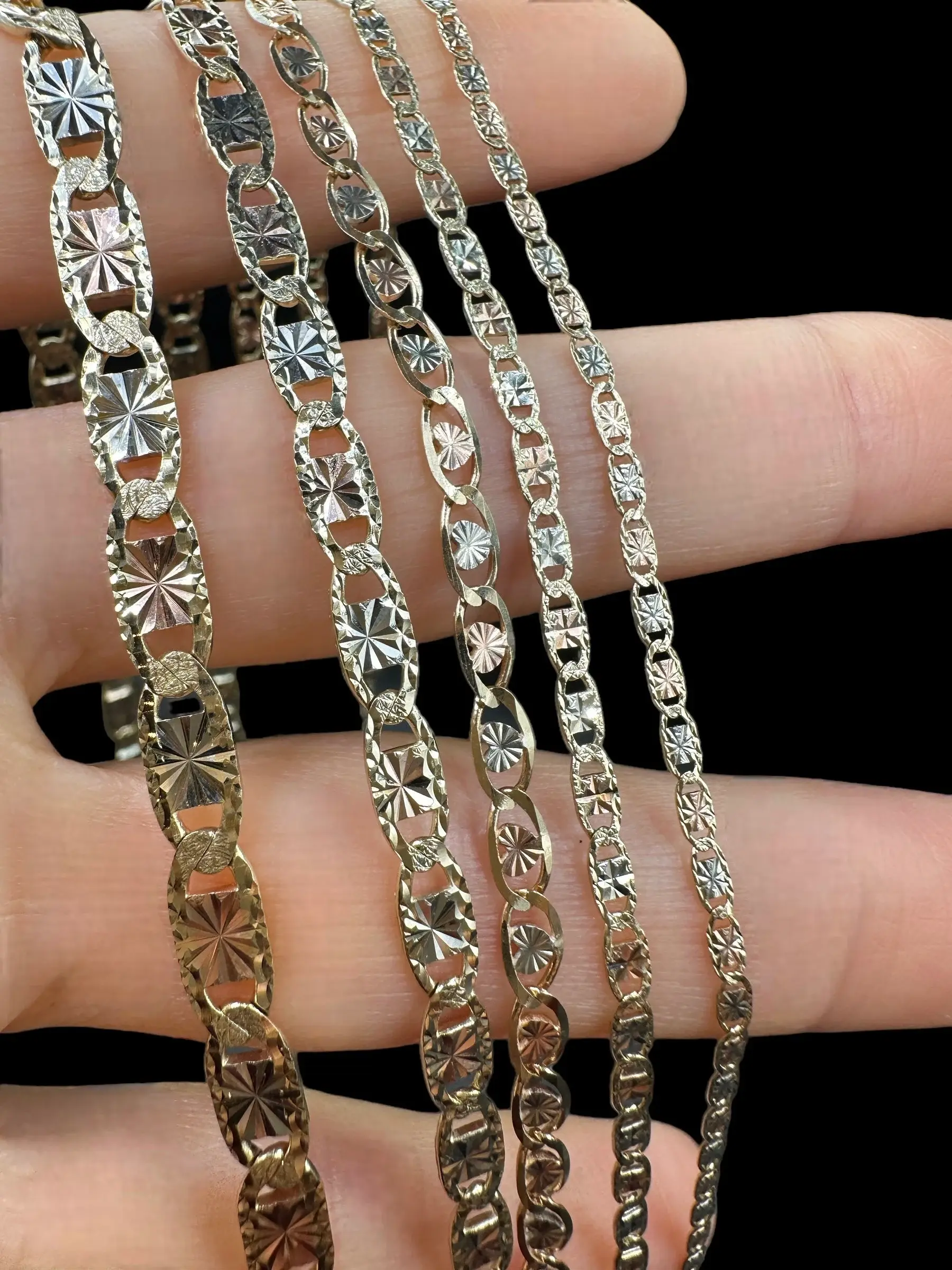 14K SOLID Gold Valentino Chain -Link Chain Diamond Cut Necklace -Tri Color Gold