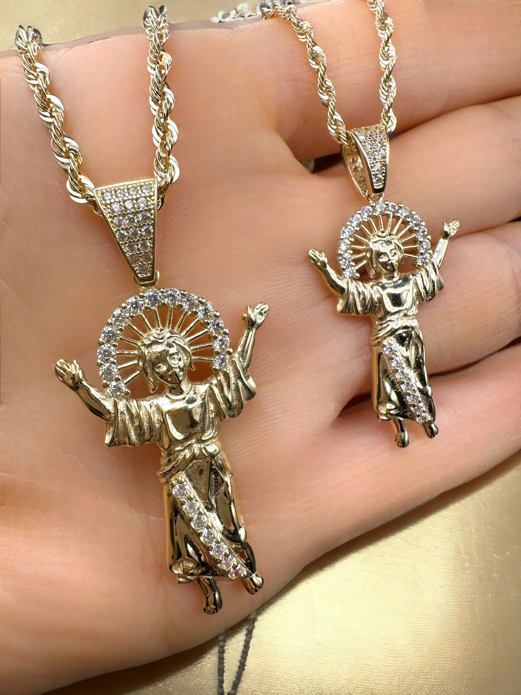 14K Solid Gold - Baby Jesus Pendant - CZ Stone Diamond Charm -Real Yellow Gold