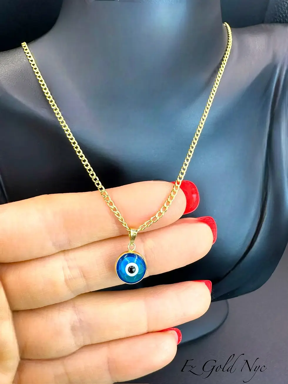 Thumbnail: 14K Real Gold Large Evil Eye Pendant - Ocean Blue Color - Round Good Luck Charm