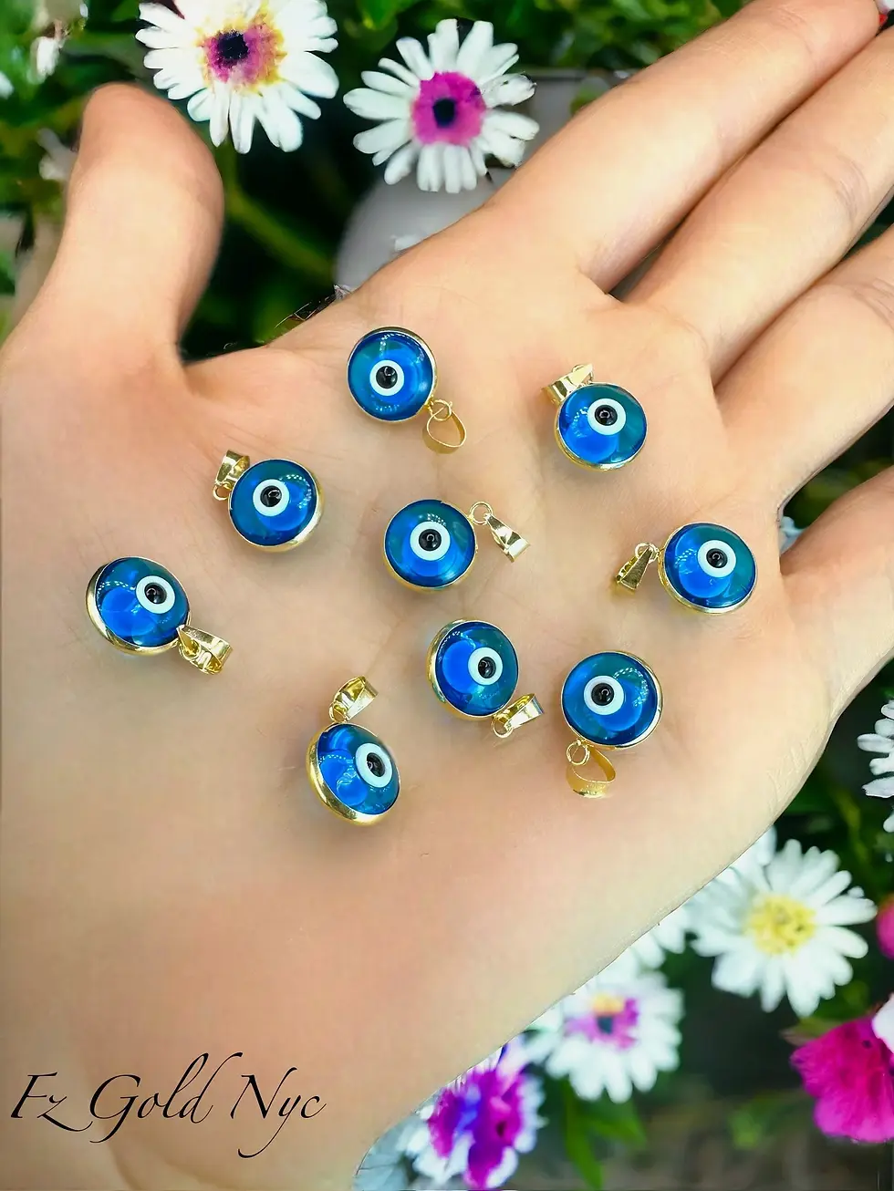Thumbnail: 14K Real Gold Large Evil Eye Pendant - Ocean Blue Color - Round Good Luck Charm