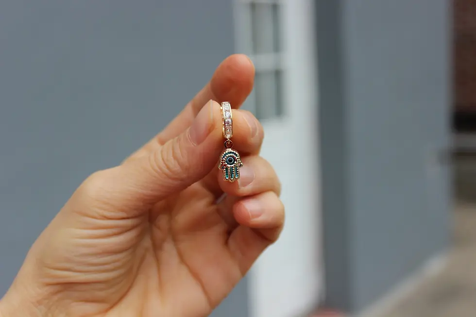 Thumbnail: fz gold nyc 14K Real Yellow Gold - Hamsa Evil Eye Earring - with Gems - Luck