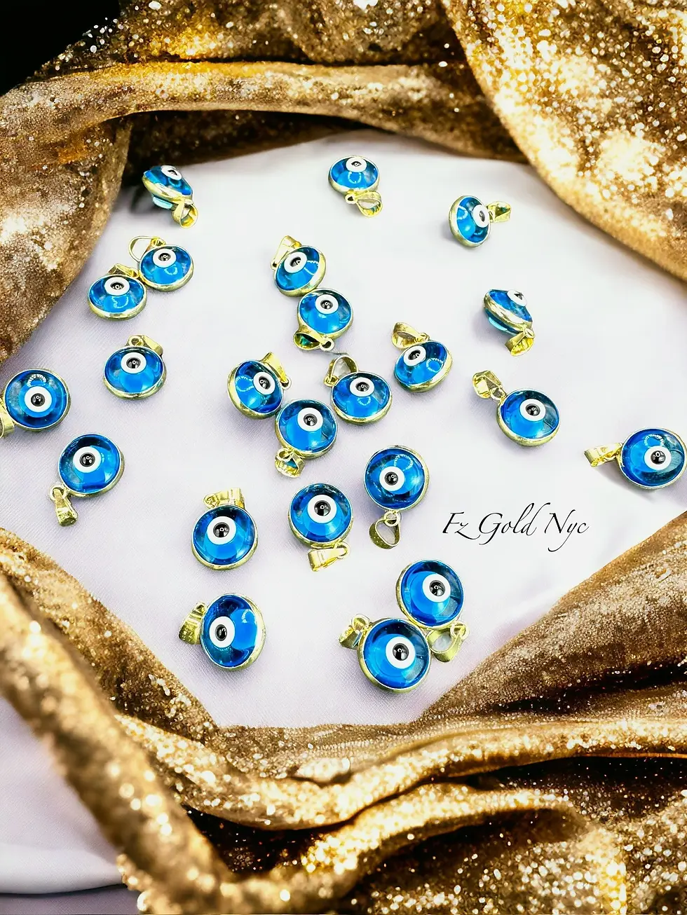 Thumbnail: 14K Real Gold Large Evil Eye Pendant - Ocean Blue Color - Round Good Luck Charm