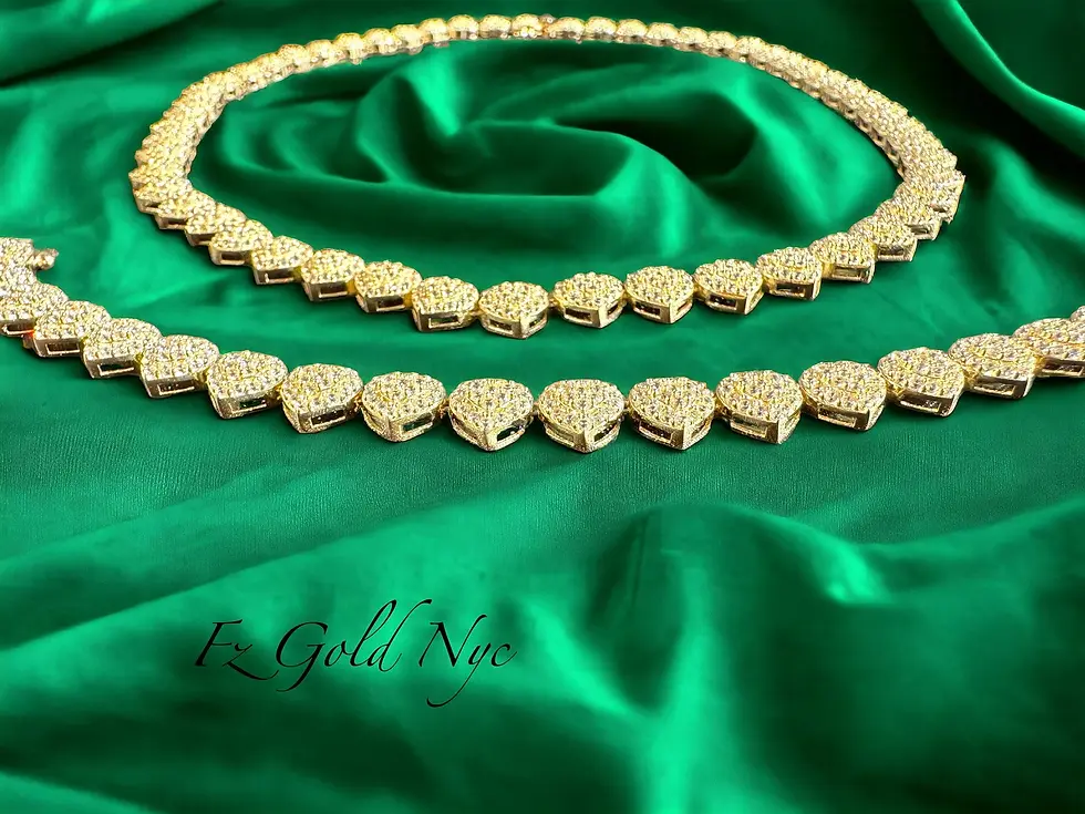 Thumbnail: 14K Solid Real Yellow Gold Double Heart Inlay CZ Tennis Lovely Iced Out