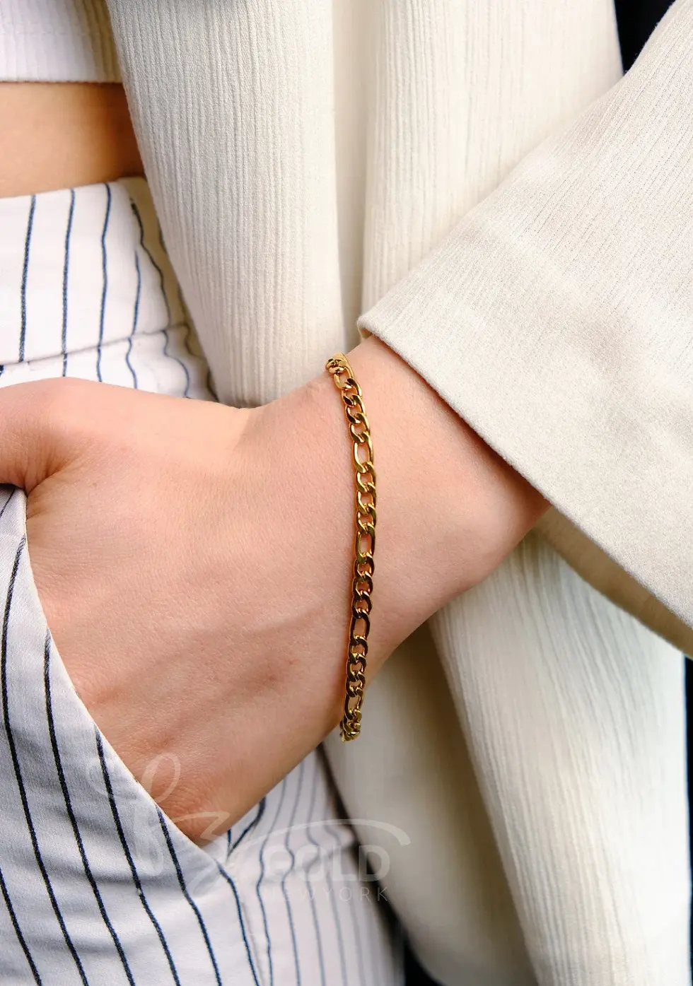 Thumbnail: fz gold 14K Real Solid Gold Figaro Link Bracelet Thick Link Bracelet