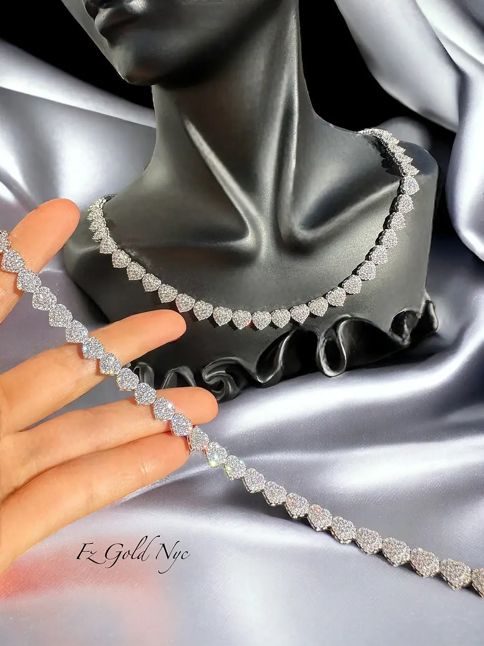 Thumbnail: 14K Solid Real White Gold Double Heart Inlay CZ Tennis Lovely Iced Out