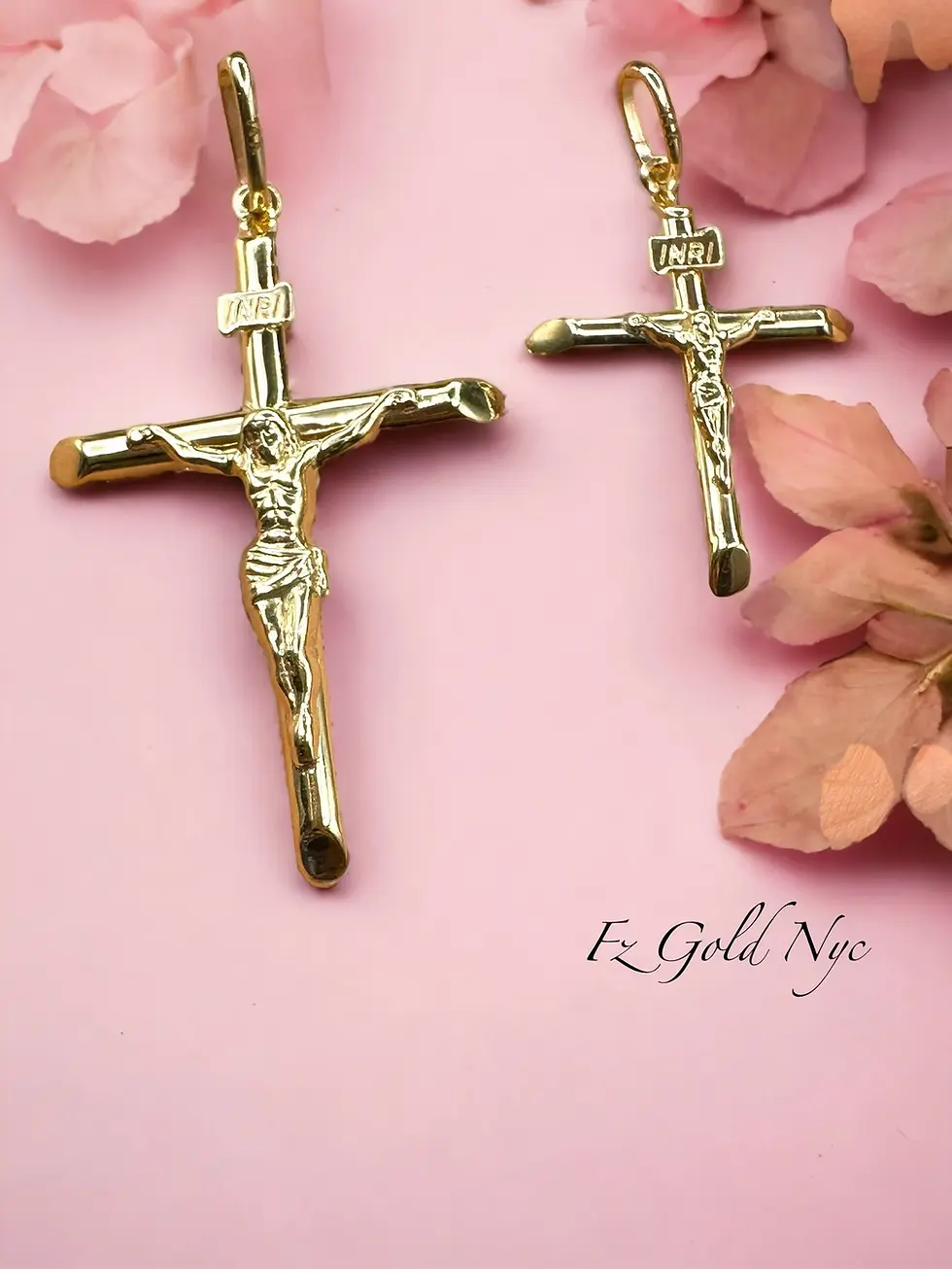 Thumbnail: 14K Real Gold 2.0" / 1.3" Lengths - Cross Pendant Shiny Jesus Crucifix Pendants