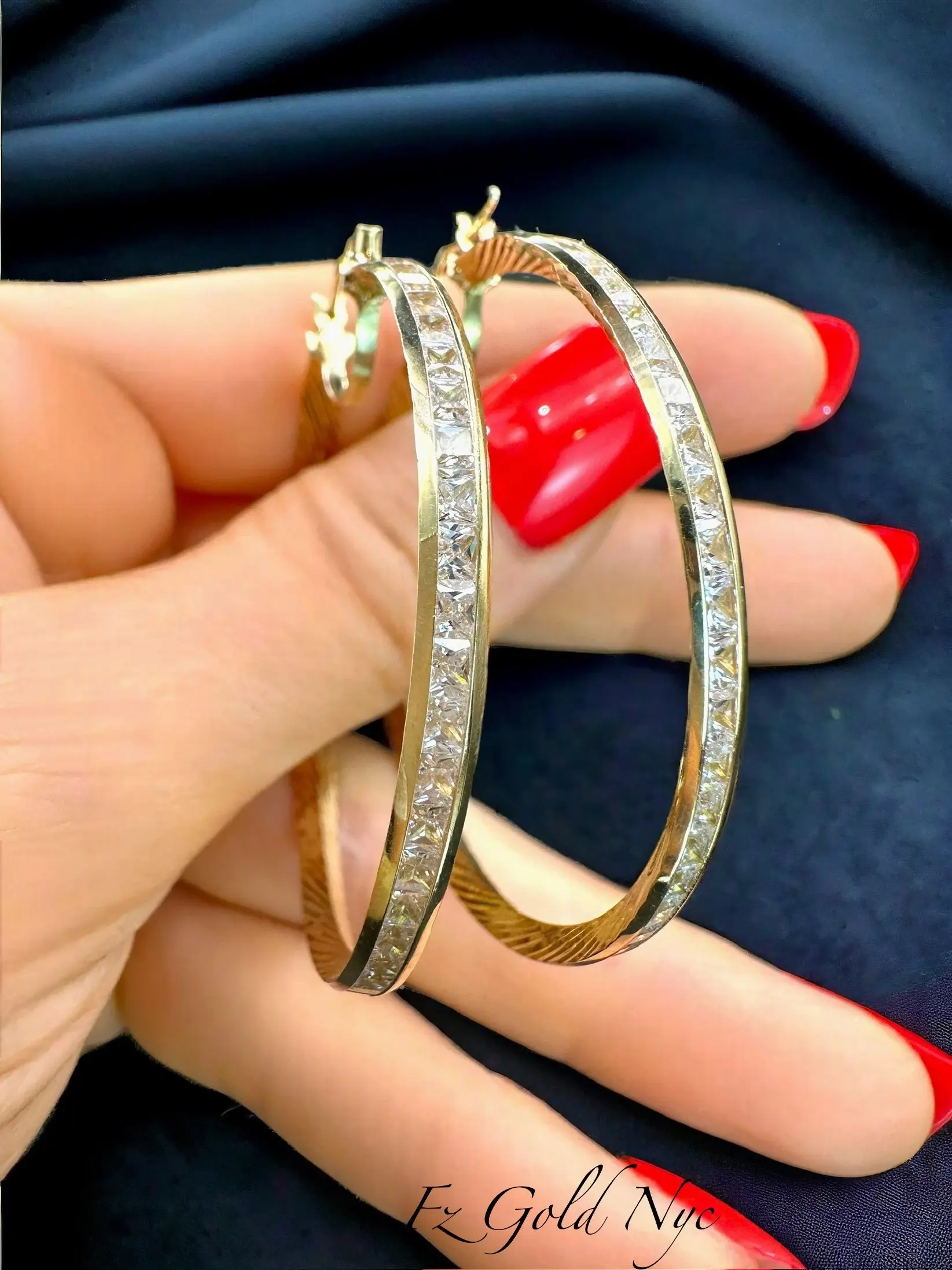 10K Real Gold Diamond Cut Hoop Earrings With Stones on the Outside