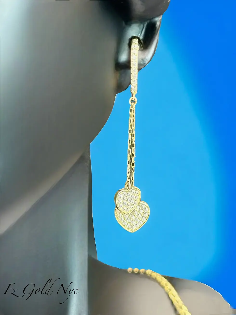 Thumbnail: 10K Real Yellow Gold- Heart Dangle - Drop Earrings - Long Chain and Shiny Stone