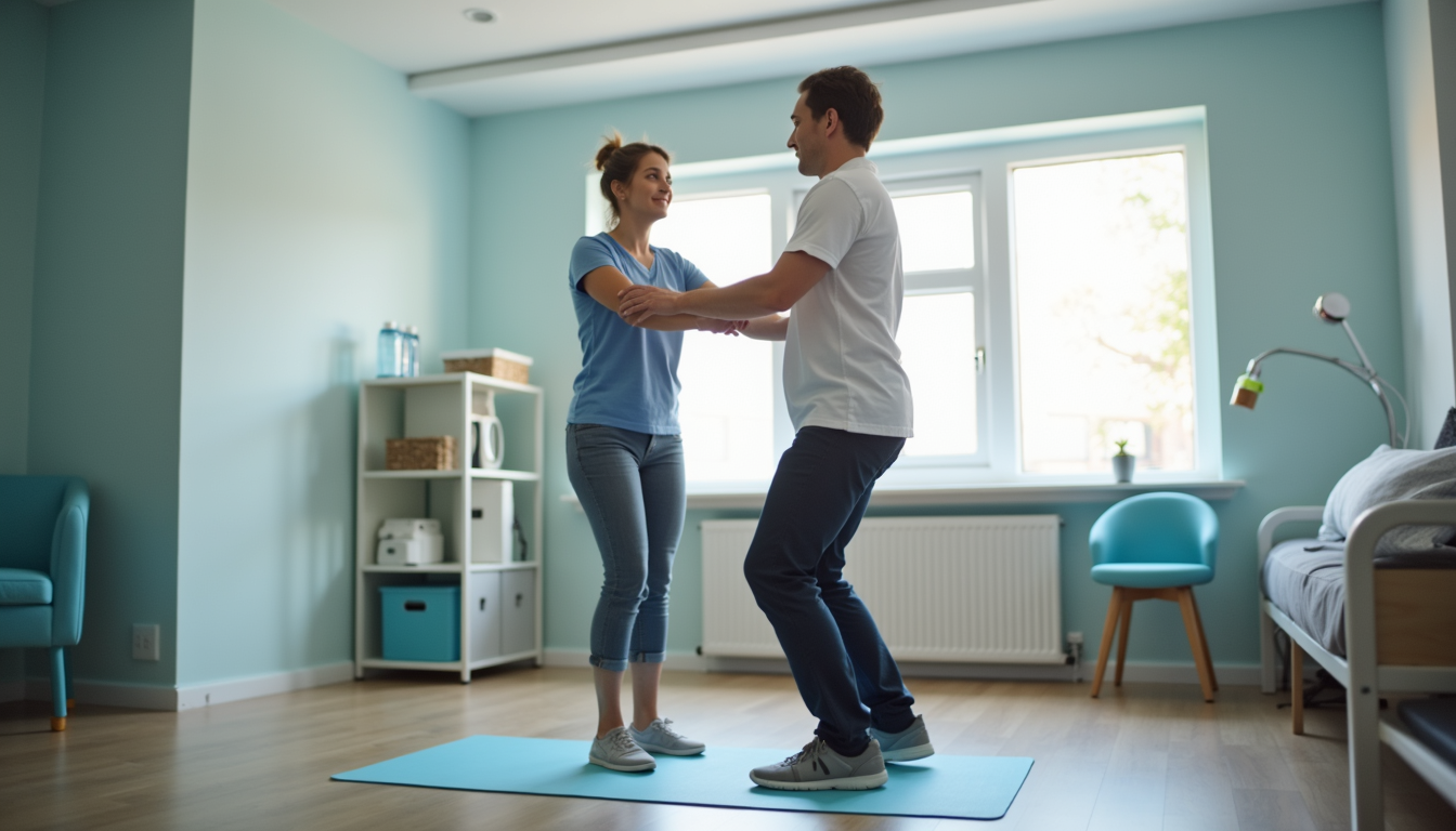 Physiotherapist supervising balance exercises during neurological rehabilitation