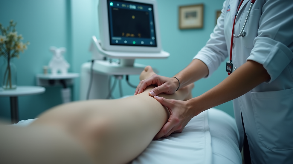 Eye-level view of a physiotherapist applying ultrasound therapy to a patient's leg