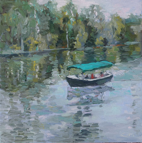 Painting of little boat on the river by Kim Weissenborn.
