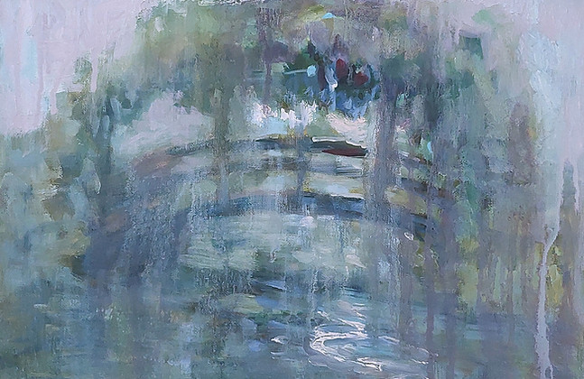 Atmospheric impressionist landscape oil painting by Kim Weissenborn, titled "Misteria," featuring a dreamlike, ethereal scene with a bridge-like structure partially obscured by cool, muted tones and vertical, flowing brushwork.