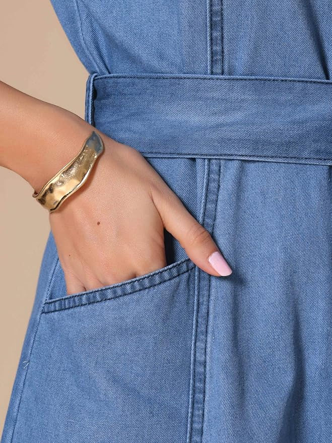 Thumbnail: Allegra K Denim Shirt Dress for Women's Casual Button Down Short Sleeves Belted