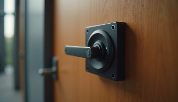 High angle view of a modern digital lock installed on a door, symbolizing Godrej’s evolution