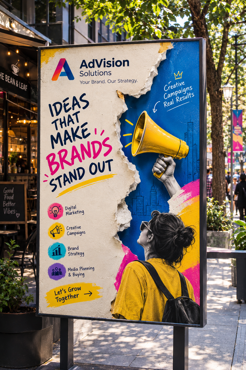 Outdoor ad billboard for AdVision Solutions shows a woman with a megaphone and text: Ideas that make brands stand out.