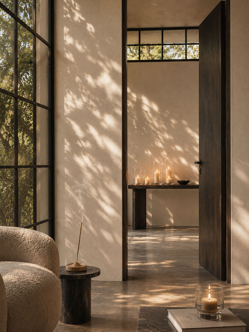 Intérieur lumineux avec encens, bougies et jeux de lumière sur mur en enduit