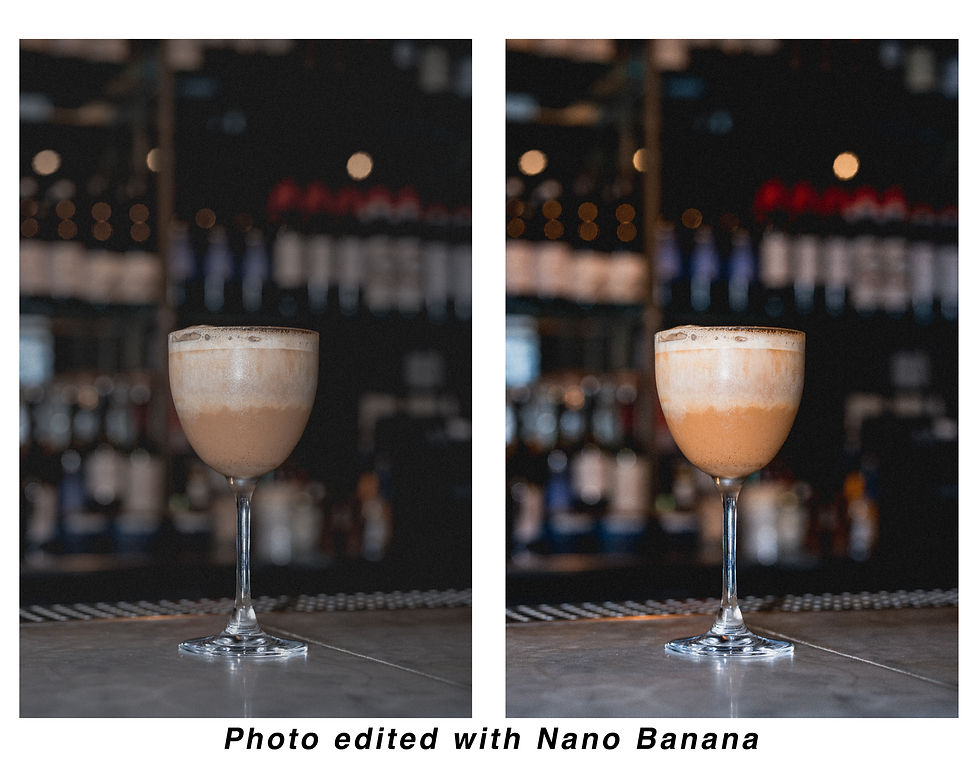 Side-by-side photos of a cocktail glass at a bar. The left image shows the original version, while the right shows the drink digitally enhanced with AI editing for richer detail.