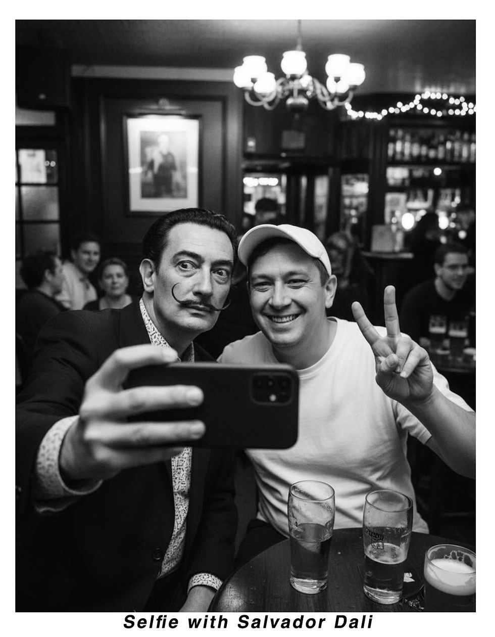 A black-and-white photo of a man dressed as Salvador Dalí taking a selfie with Xavier in a pub. Both smile at the camera, with drinks and other patrons in the background.