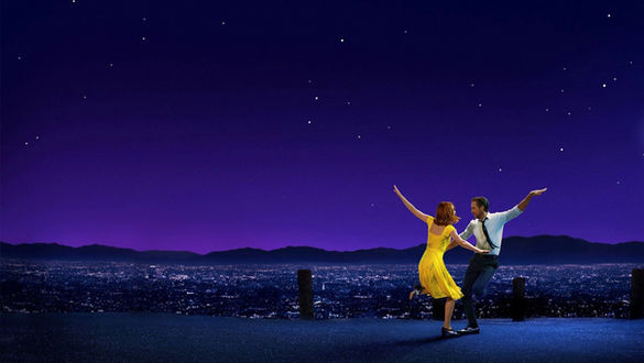 Ryan Gosling and Emma Stone dance together in the poster for the movie "La La Land," with the sunset and purple landscape of Los Angeles in the background.