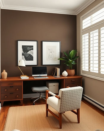 Home office with brown walls, wood desk, computer, lamp, plant, and books. Art on wall, white chair on beige rug, sunlit shutters.
