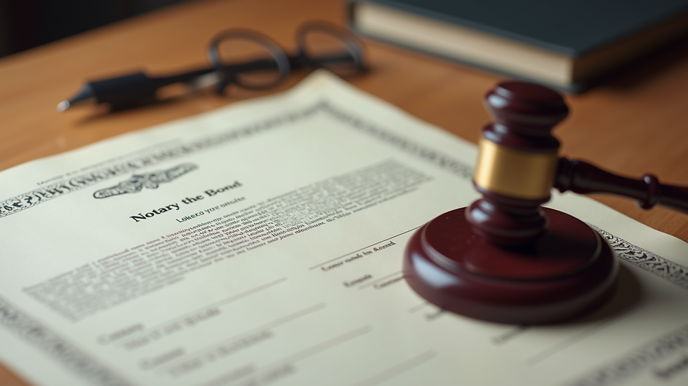 Close-up view of a notary stamp and bond certificate on a wooden table