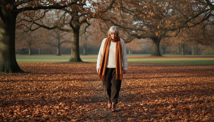 Eye-level view of a person walking through fallen autumn leaves in soft morning light.