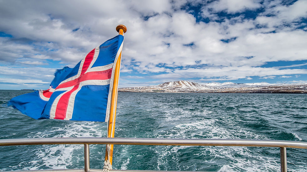 Iceland national flag flying on the back of a boat heading away from a winter coastline.