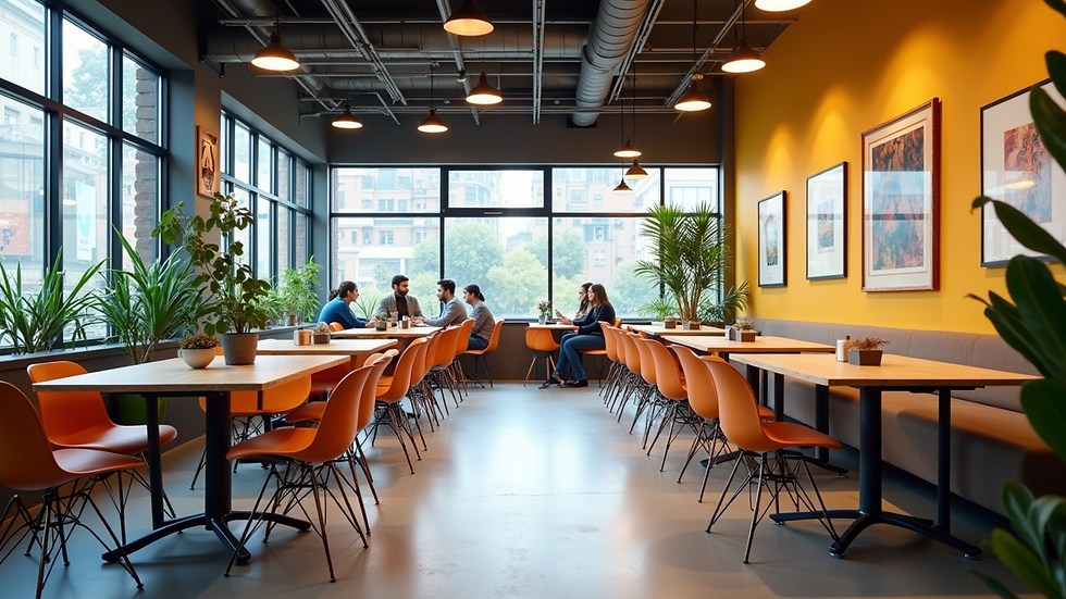 Wide angle view of a modern co-working space with vibrant decor