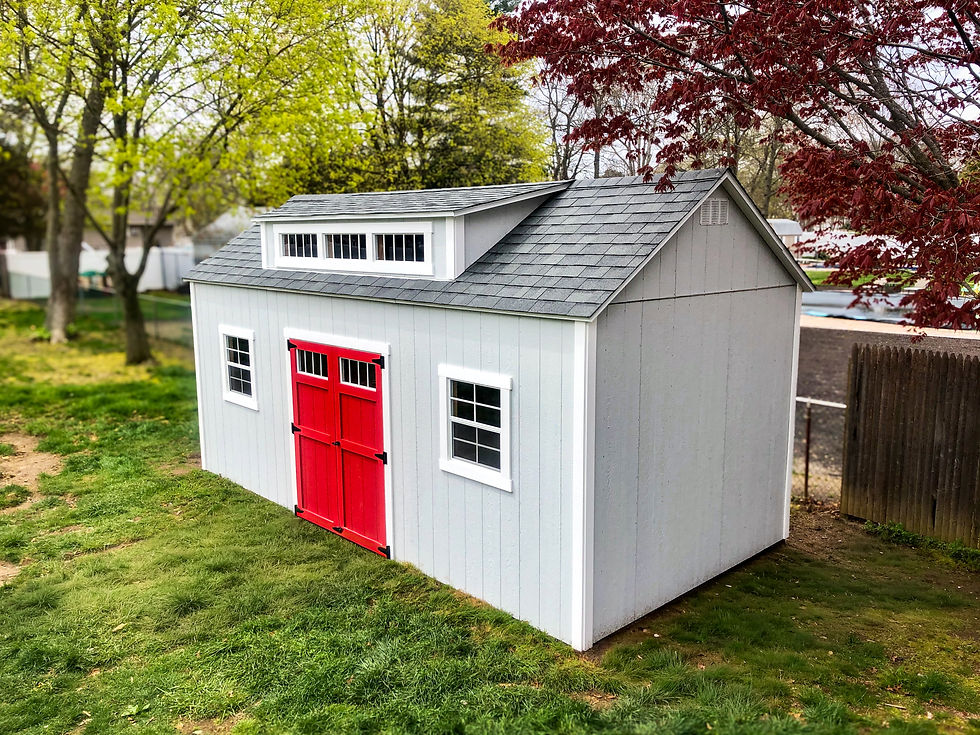 Shed with dormer roof and custom red door