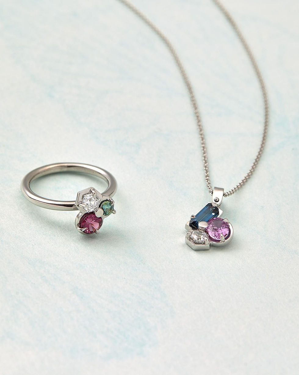 Thumbnail: 'Esprit' ring in 18k white gold with created diamond, spinel and sapphire